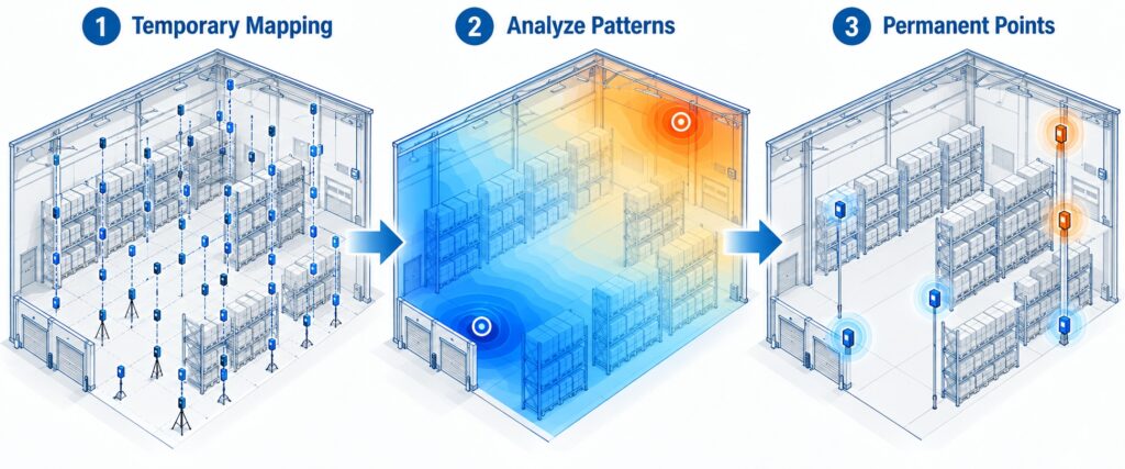  Three-stage warehouse temperature mapping graphic showing temporary loggers, heat map analysis, and permanent hot/cold monitoring points.