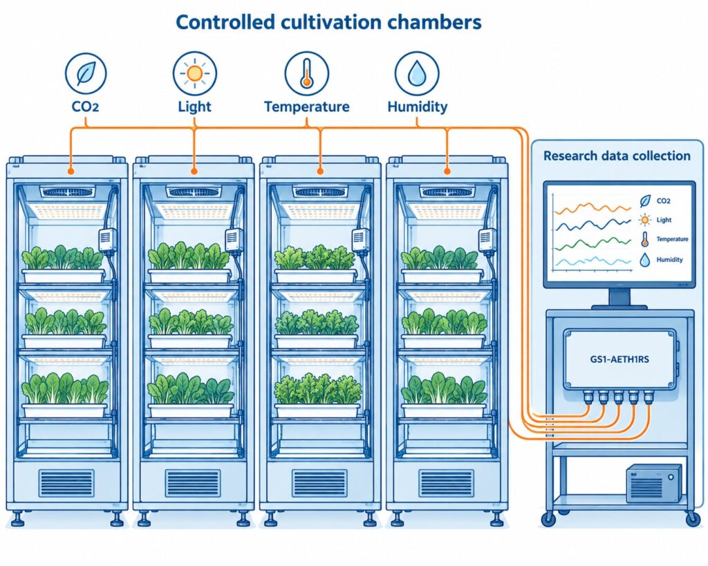UbiBot GS1-AETH1RS monitoring environmental conditions in vertical farming research chambers