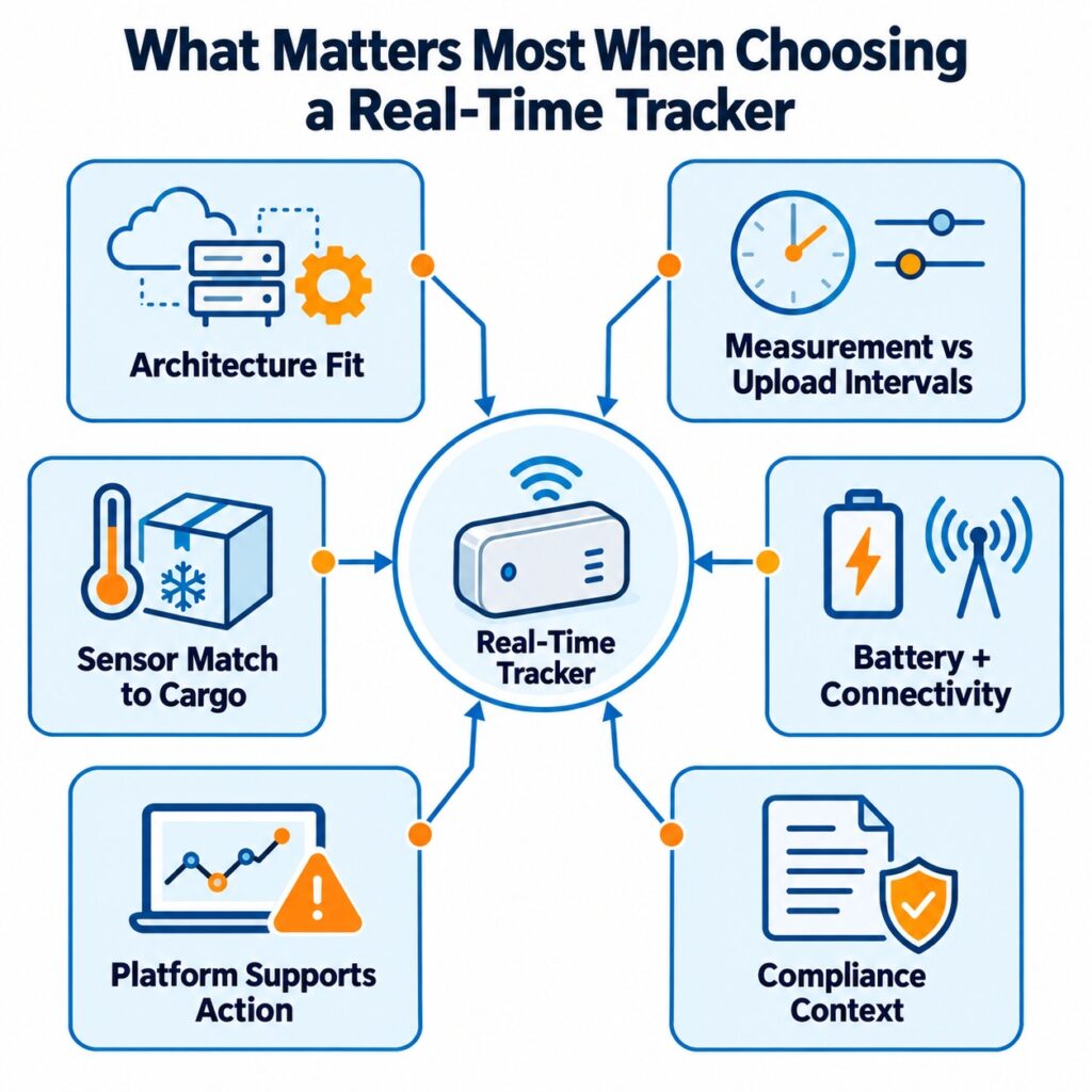 Decision framework infographic showing the main criteria for selecting a real-time tracker for temperature-sensitive shipments.