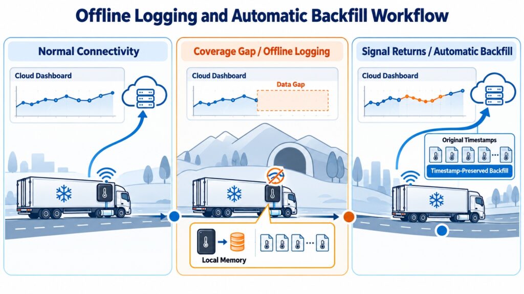 Workflow diagram showing a shipment tracker recording temperature data offline and later uploading it automatically when connectivity returns.