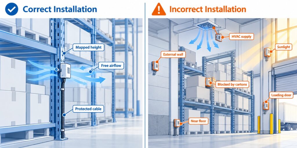 Correct versus incorrect pharmaceutical warehouse sensor placement showing representative airflow and common bias sources.
