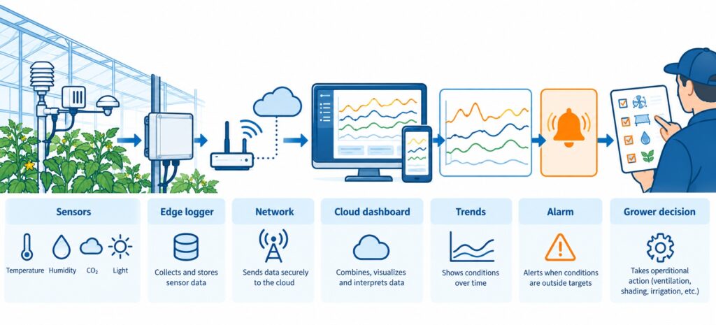 Greenhouse environmental monitoring data flow from sensors to cloud alerts and grower decisions