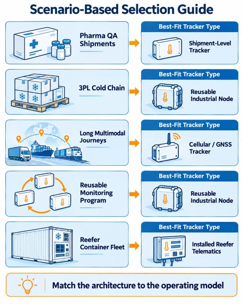 Scenario-based guide matching different shipping use cases with the most suitable type of real-time temperature tracker.